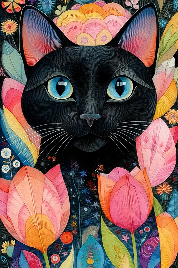 A captivating illustration features a black cat with striking blue eyes, positioned centrally amongst a vibrant array of stylized tulips and flowers.  The cat's fur is meticulously detailed, contrasting beautifully with the bright, almost surreal colors of the surrounding flora. The overall style is whimsical and suggestive of a magical garden.