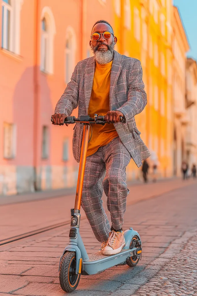 A stylish older Black man with a gray beard and sunglasses rides an electric scooter down a city street. He's dressed in a gray plaid suit and a mustard yellow shirt. The buildings lining the street are a warm peach and yellow.  The setting sun casts a golden hue.  He looks directly at the camera with a confident expression.
