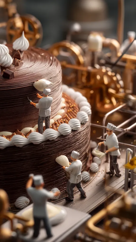 Miniature bakers meticulously decorate a large, decadent chocolate cake.  The cake is layered, with swirls of chocolate frosting and white meringue decorations.  The bakers, wearing chef hats and aprons, work diligently around the confection, adding details with precision. The scene is set against a backdrop of intricate, golden-toned machinery, suggesting a sophisticated bakery environment.