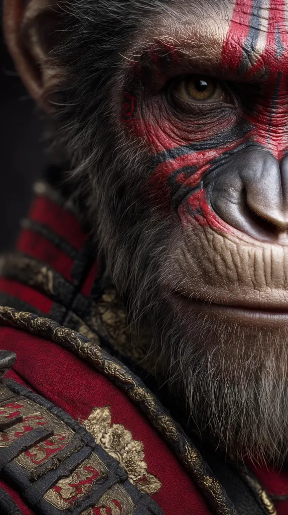 Close-up of a chimpanzee's face, adorned with intricate red and black tribal markings.  The chimpanzee's intense gaze and subtle smirk are striking.  It is dressed in a richly detailed, dark red uniform with gold accents, suggesting a position of authority or power. The fur is meticulously rendered, showcasing realistic texture and detail.