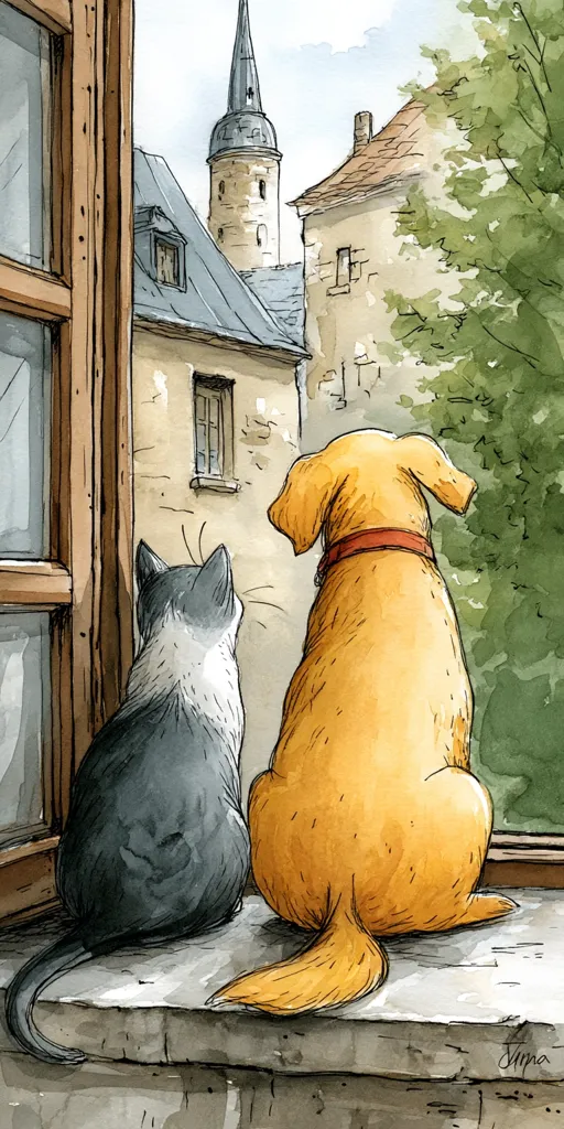A watercolor painting depicts a cat and a dog sitting side-by-side on a windowsill, gazing out at a quaint European-style street scene.  A tall, slender tower is visible in the distance, along with aged buildings and lush green trees. The cat is grey and white, while the dog is a light golden yellow.  The scene evokes a sense of peaceful observation and quiet contemplation.