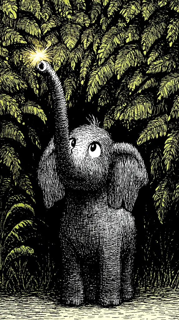 A baby elephant, rendered in black and white pen-and-ink style, stands amidst lush, stylized foliage. Its trunk reaches upward, touching a small, glowing light.  The elephant's large eyes and textured skin are detailed, creating a whimsical and slightly melancholic mood. The background is dense with dark, fern-like plants, suggesting a nighttime jungle setting.