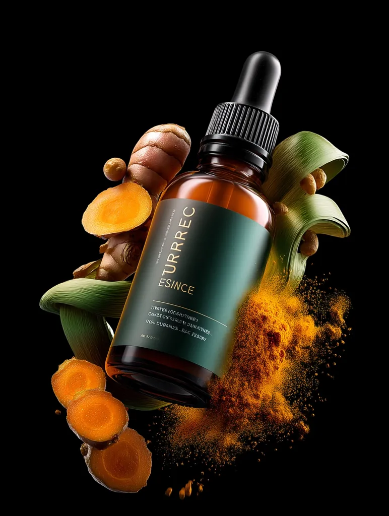 A dark amber glass bottle of Turrec Essence, a turmeric-based product, is showcased against a black background.  Fresh turmeric root slices and ground turmeric powder are artfully arranged around the bottle, highlighting the product's natural ingredients. The bottle's label displays the product name and a minimalist design, emphasizing its clean and sophisticated aesthetic.  The overall image is visually striking and emphasizes the natural essence of the product.