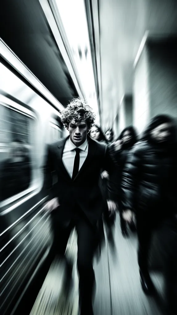 A man in a suit runs through a subway platform, blurred by motion.  The image is in monochrome, emphasizing the intensity of his movement.  Other figures, also blurred, are seen around him, suggesting a chase or hurried escape.  The sharp contrast between the man and the speeding train creates a sense of urgency and drama.