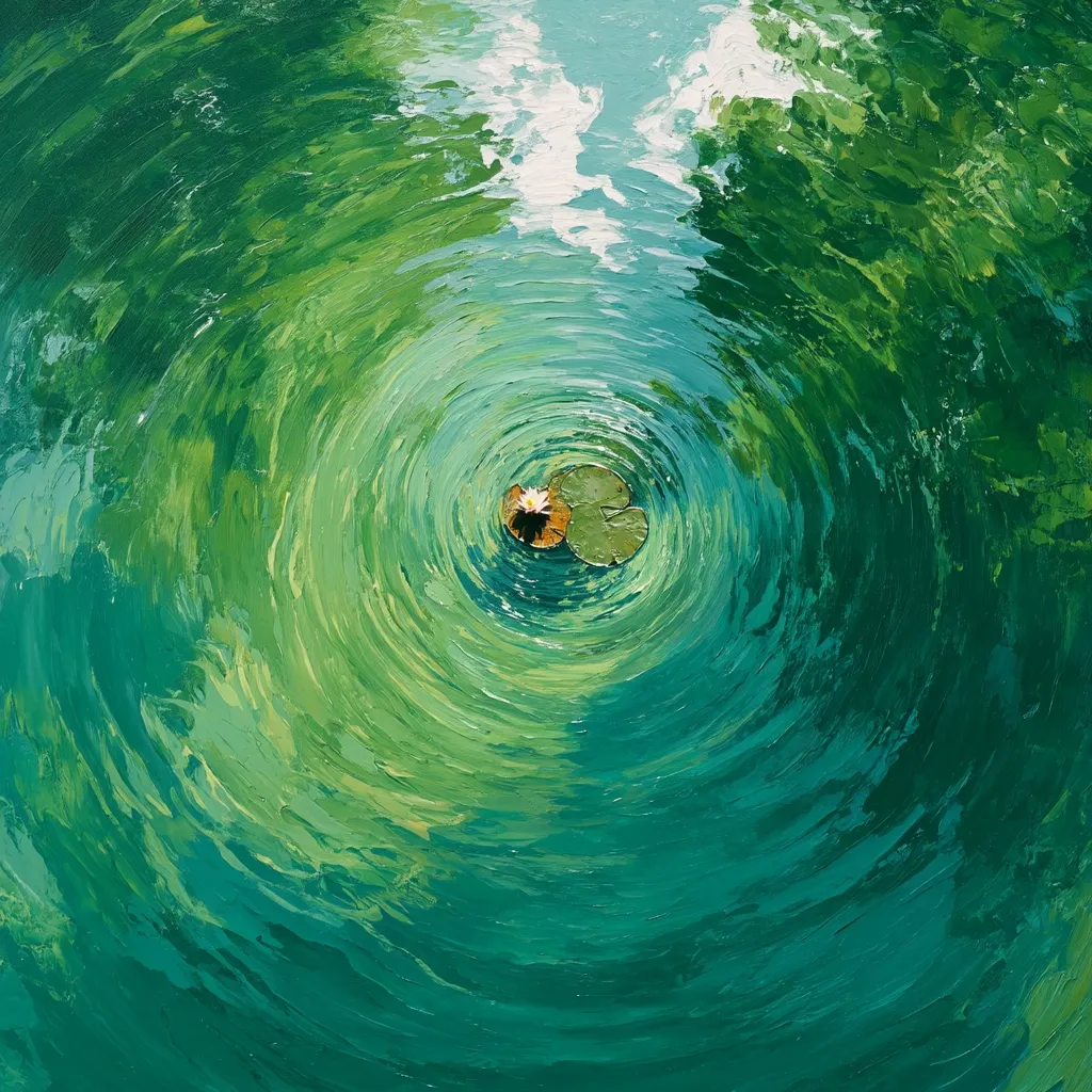 A vibrant oil painting depicts a serene pond scene.  The water, rendered in swirling strokes of teal and green, creates a mesmerizing vortex effect.  At its center, a single water lily floats, its delicate white blossom and green pads a stark contrast to the dynamic water. The surrounding greenery suggests lush banks reflected in the tranquil water. The overall impression is one of peaceful beauty and natural harmony.