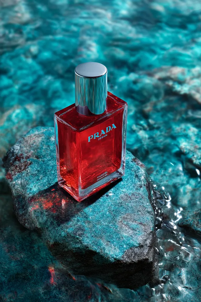 A bottle of Prada Ocean perfume rests on a dark teal rock partially submerged in turquoise water. The perfume is a deep red, contained in a clear glass bottle with a silver cap. The brand name "PRADA OCEAN" is visible on the bottle.  The scene is evocative of a calm, luxurious, and aquatic environment.