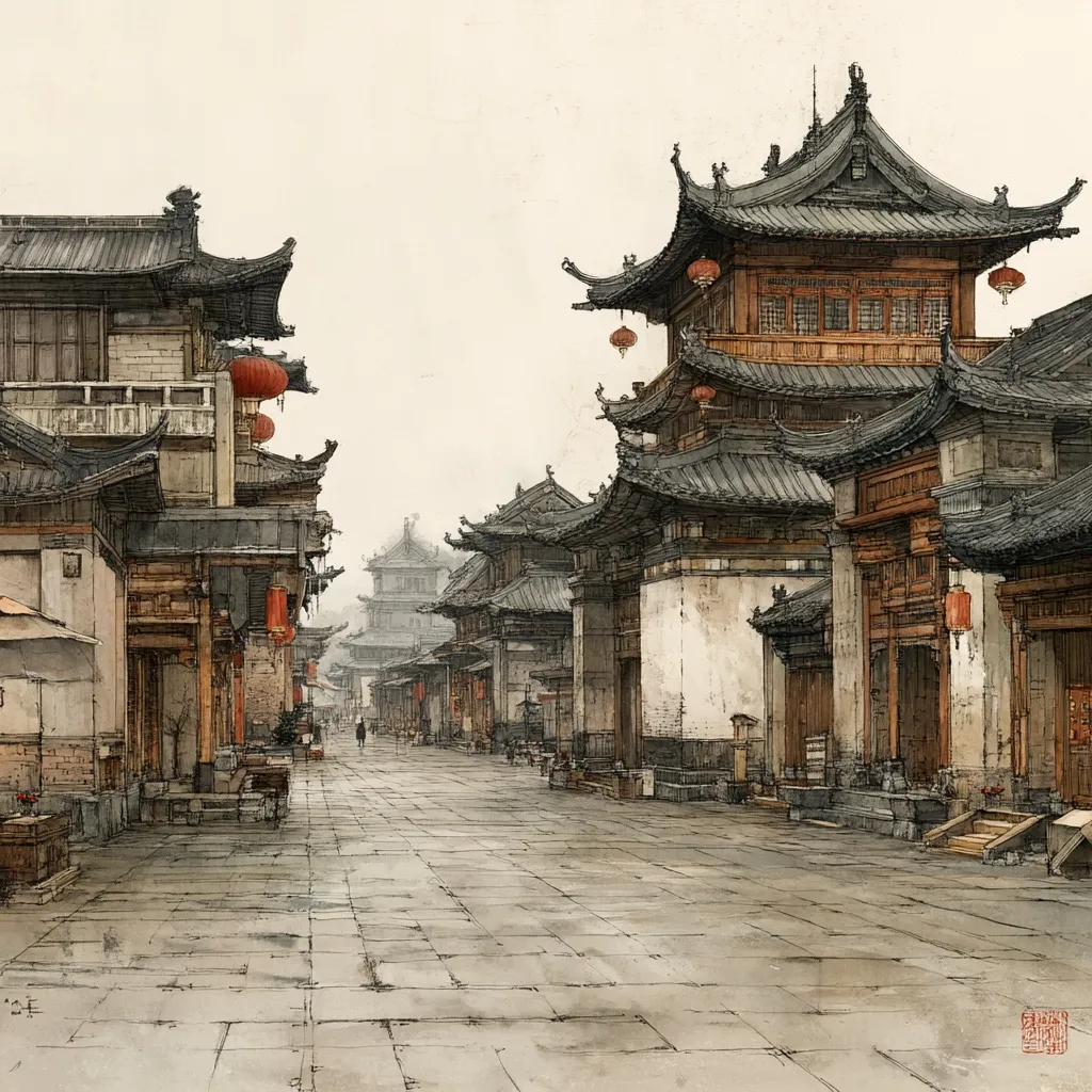 A tranquil, grey-toned illustration depicts a long, stone street lined with traditional Chinese buildings.  The architecture features elaborate, tiered roofs and hanging red lanterns.  A solitary figure is visible in the distance, adding to the serene atmosphere. The overall style is detailed and evocative of a quiet, historical Chinese town.