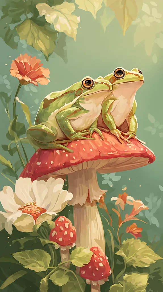 Two green frogs sit perched atop a vibrant red toadstool, surrounded by a lush garden.  Delicate flowers, including a peach-colored bloom and a large white one, sprout around the base of the fungus.  The scene is painted in a soft, whimsical style with a calming green and pastel palette, suggesting a tranquil, fairytale-like setting. Smaller red toadstools are also visible among the foliage.