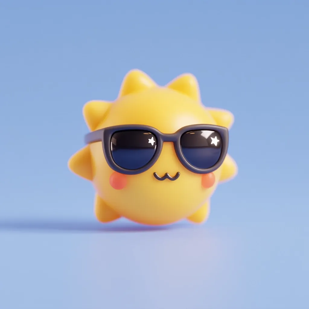 A cute, cartoon sun character with a round, yellow body and simple, spiky rays wears black sunglasses with tiny white stars.  Its face features rosy cheeks and a small, happy mouth. The sun is depicted against a pale blue background, creating a cheerful and summery image. The 3D rendering style gives it a soft, playful look.