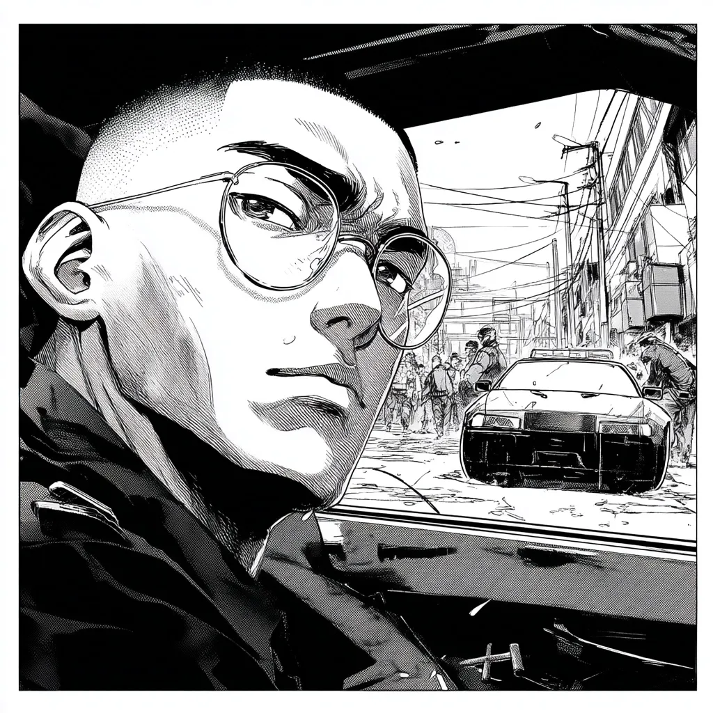 A black and white illustration depicts a young man with glasses, seated in a car.  His serious expression contrasts with the chaotic street scene visible through the window.  A police car is prominent in the background, surrounded by a crowd of people. The style is reminiscent of manga or graphic novel artwork, with strong lines and dramatic shading. The overall mood is tense and suspenseful.