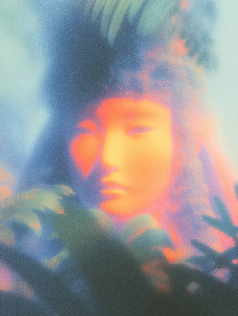 A dreamy, surreal portrait of a person's face, partially obscured by foliage. The image is heavily stylized with a soft focus and vibrant, pastel color grading, predominantly warm oranges and cool blues. The subject's features are indistinct, contributing to the ethereal atmosphere. The overall effect is one of mystery and tranquility, suggestive of a dreamlike state or a hidden identity.