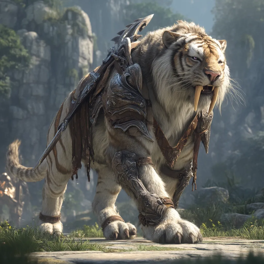 A majestic white tiger, adorned in intricately designed metallic armor, stands poised amidst a misty, mountainous landscape.  Its powerful physique is accentuated by the gear, which includes pauldrons, bracers, and a large weapon strapped to its back. The tiger's fierce expression and prominent canines suggest a formidable warrior.  A blurry figure is visible in the background, adding depth to the scene.