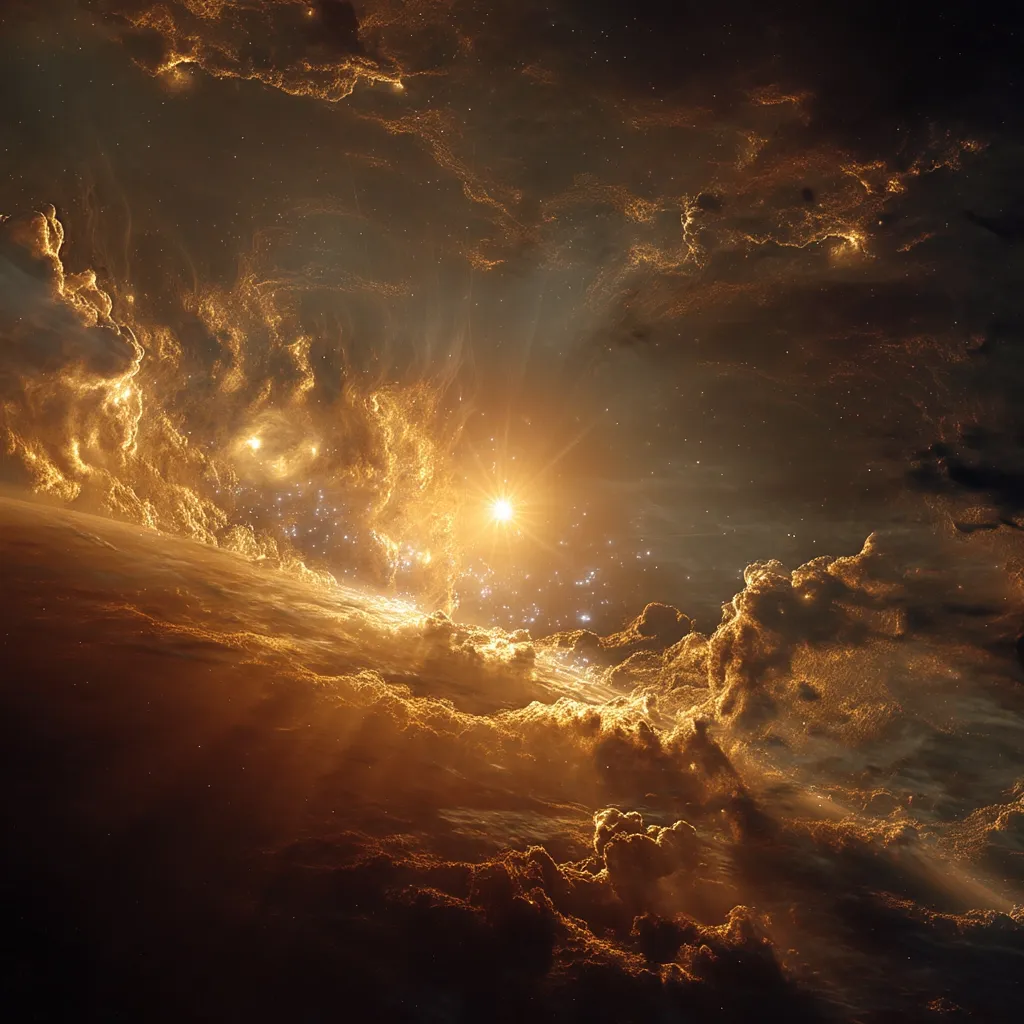 A breathtaking cosmic scene unfolds, showcasing a vibrant, golden nebula swirling around a celestial body.  A radiant sun-like star shines brightly, its light illuminating the ethereal clouds of gas and dust. The image evokes a sense of awe and wonder, capturing the immense beauty and mystery of the universe.  The colors are rich and saturated, with deep golds and oranges dominating the palette.