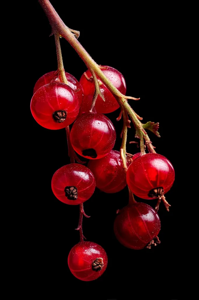 A cluster of glistening red currants hangs against a stark black background.  The vibrant red berries are plump and juicy, their surfaces reflecting light.  The delicate stems and tiny details of the currants are sharply in focus, highlighting their natural beauty.  The dark backdrop emphasizes the rich color and texture of the fruit.