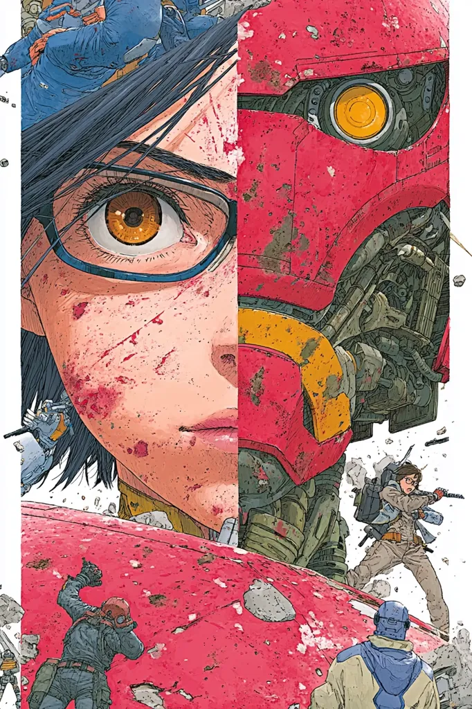 A dramatic illustration features a young woman's face, half obscured by a large, damaged red mech.  Her eye is prominent, reflecting the intensity of the scene.  The mech's mechanical details are visible, suggesting a battle.  Smaller figures of soldiers are scattered amidst debris, contributing to the sense of chaos and conflict. The artwork's style is detailed and gritty, conveying a post-apocalyptic or war-torn atmosphere.