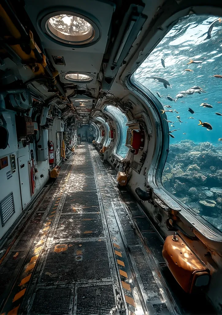 A long, narrow corridor inside a submarine or underwater vessel is shown.  Large, curved windows offer a stunning view of vibrant coral reefs teeming with fish.  The interior is metallic and industrial, with exposed pipes and equipment. Sunlight streams in through portholes above, illuminating the corridor's gritty floor. The scene evokes a sense of exploration and the beauty of the underwater world.