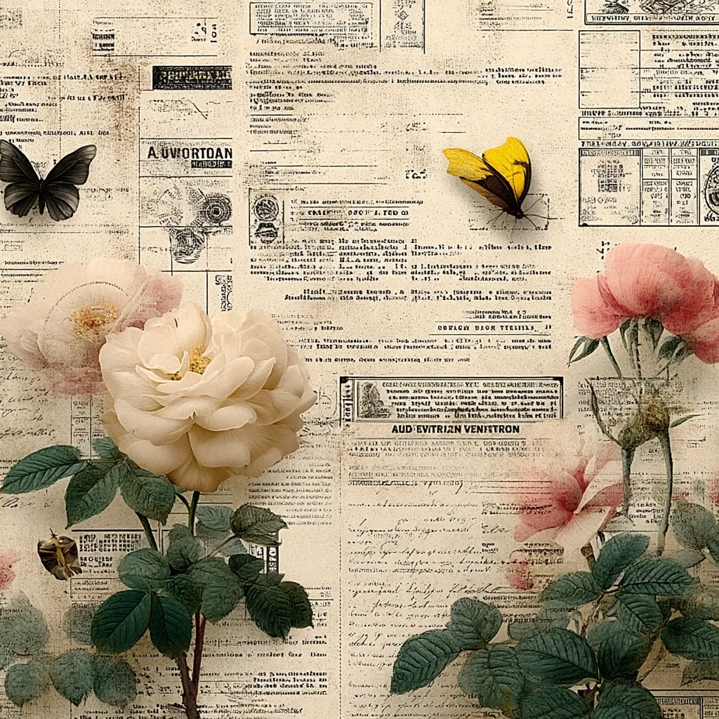 A vintage-style image features cream and pink roses and butterflies against a backdrop of aged, text-filled documents.  The roses are depicted with detailed petals and lush green leaves.  A black butterfly and a yellow butterfly are positioned amidst the floral arrangement and the antique-looking papers, creating a collage-like effect with a romantic and slightly melancholic mood.  The overall aesthetic is reminiscent of a scrapbook or antique journal.