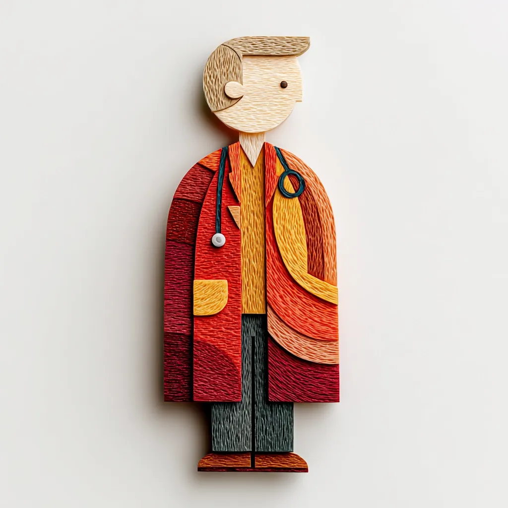 A stylized illustration depicts a doctor.  The figure is crafted from layered, textured wood or paper, exhibiting warm orange and red tones in the coat. The doctor's features are simplified, and the coat is intricately detailed with concentric circular patterns.  A stethoscope is subtly incorporated into the design. The overall style is modern and minimalist.