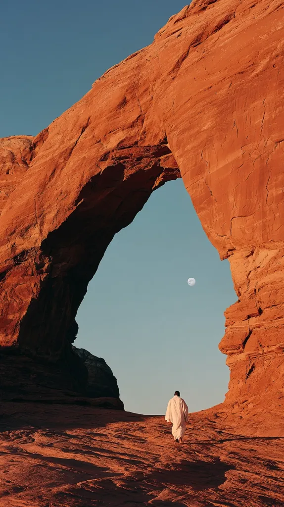 A lone figure, cloaked in white, walks towards a natural rock arch. The arch frames a serene blue sky, subtly punctuated by a distant moon.  The vibrant red sandstone of the arch and surrounding landscape creates a striking contrast against the pale sky. The scene evokes a sense of solitude and vastness.