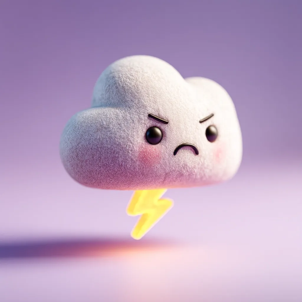 A fluffy, 3D-rendered cloud with an angry cartoon face is depicted.  The cloud is white with small, textured details, and its expression includes furrowed brows and a downturned mouth.  A small, bright yellow lightning bolt floats beneath it, adding to the stormy mood.  The background is a soft, muted purple.