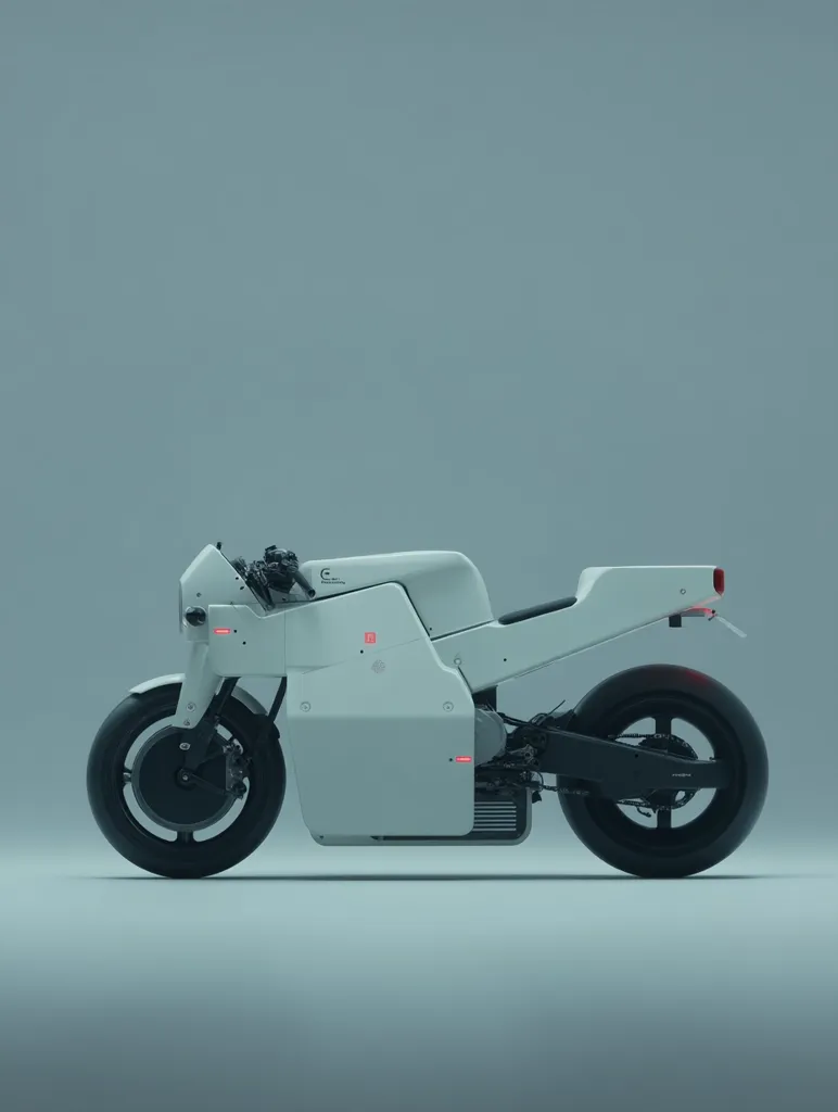 A sleek, minimalist electric motorcycle is shown in profile view against a muted blue backdrop.  The predominantly white body is contrasted by black wheels and subtle detailing.  The design is futuristic and clean-lined, emphasizing simplicity and modern technology. The motorcycle appears to be a concept or custom build, showcasing a streamlined aesthetic.