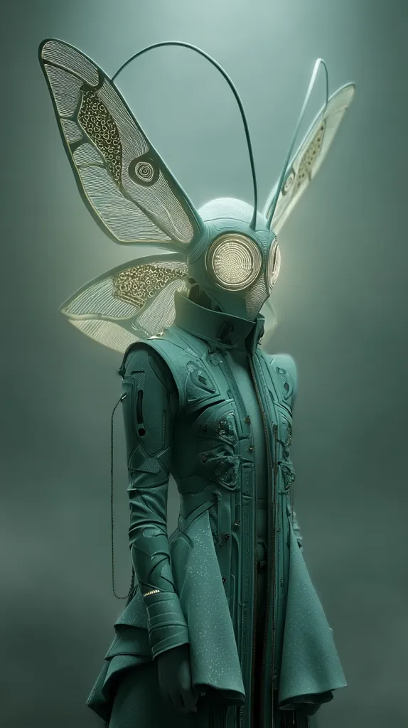 A stylized female figure, rendered in shades of teal, is depicted.  She wears a futuristic coat with intricate detailing, resembling insect wings. The headpiece incorporates large, circular lenses, creating a mask-like effect. The overall aesthetic blends biomechanical elements with a high-fashion sensibility, suggesting a blend of nature and technology.  The background is a muted, atmospheric green.