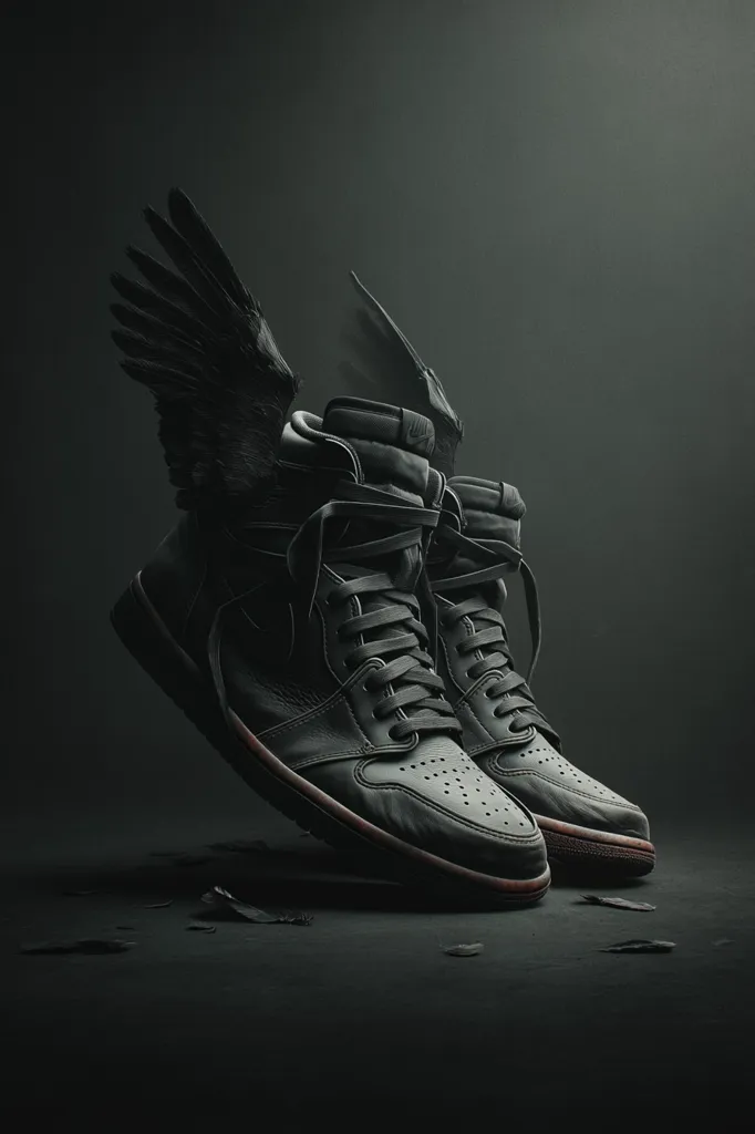 A pair of black Air Jordan 1 high-top sneakers are dramatically showcased against a dark backdrop.  Large, black wings sprout from the shoes, adding a surreal, almost mythical quality. The image is moody and stylized, emphasizing the shoes' sleek design and the contrasting texture of the leather and feathers.  The overall aesthetic is dark and edgy.