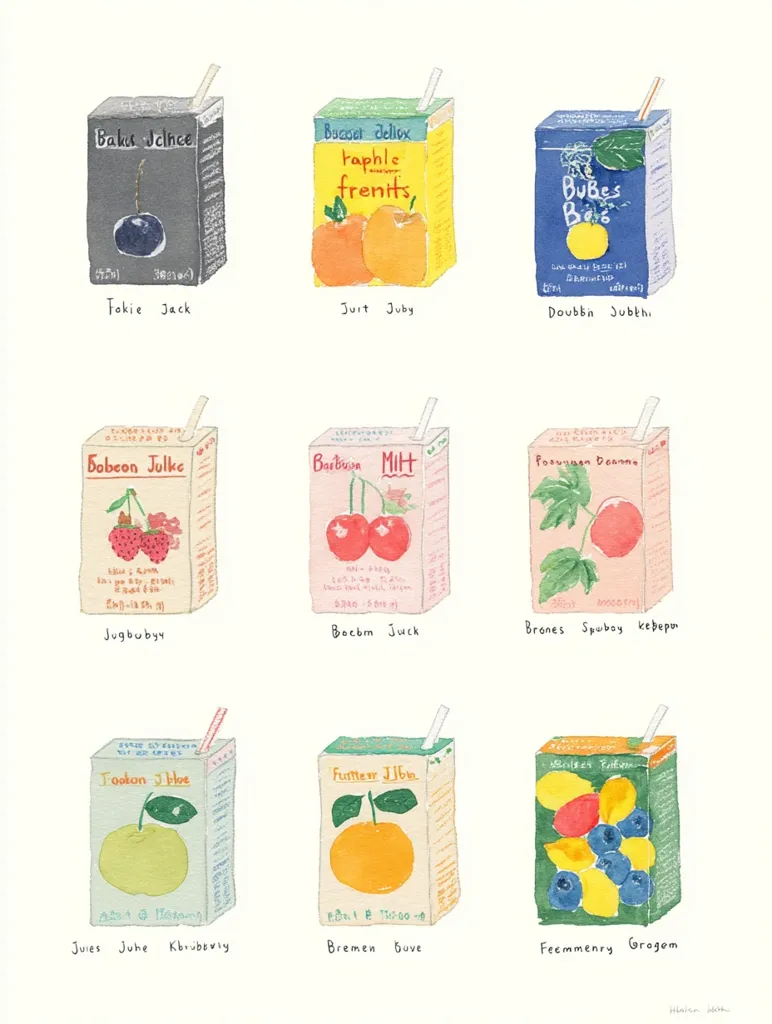 A whimsical illustration showcases nine juice boxes, each with a unique design and name.  The boxes feature hand-drawn images of various fruits like cherries, apples, oranges, and berries, along with playful, invented brand names and labels.  The style is reminiscent of children's book illustrations, utilizing watercolor-like textures and a charmingly naive aesthetic.