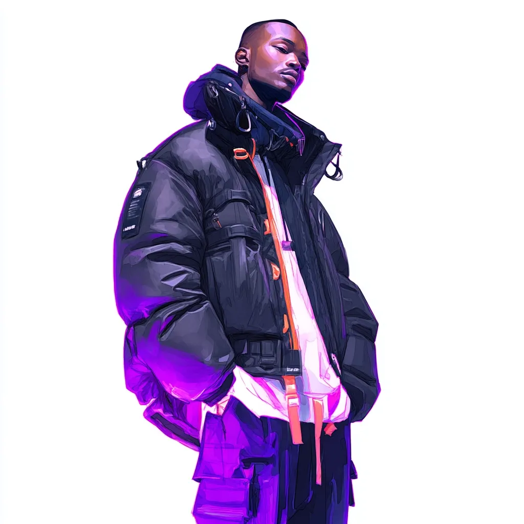 A stylized illustration of a young Black man, his gaze directed downward. He's dressed in a dark puffy jacket, featuring orange accents and numerous pockets.  Underneath, he wears a light-colored shirt and dark cargo pants.  The overall aesthetic is modern and urban, with vibrant purple highlights adding a futuristic edge. The image is clean and sharp, emphasizing the clothing's details.