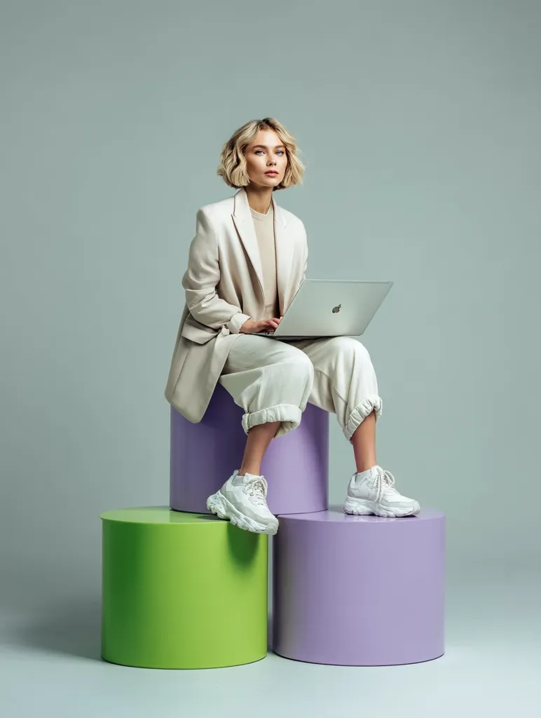 A stylish blonde woman with short hair sits on pastel-colored cylinders, working on a silver laptop.  She's dressed in a beige blazer and matching pants, complemented by white chunky sneakers. The minimalist backdrop and pose create a modern and sophisticated aesthetic.  The image exudes a sense of calm confidence and contemporary professionalism.