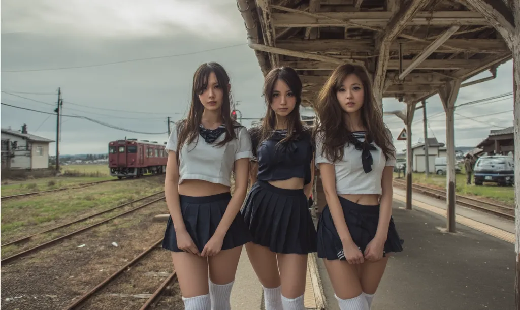 Three young women in sailor-style school uniforms stand on a train platform.  They wear short pleated skirts and white cropped tops with navy collars.  A train is visible in the background, along with a rural landscape.  The girls appear to be posing for a photograph, their expressions serious and slightly apprehensive. The overall mood is somber and slightly melancholic.