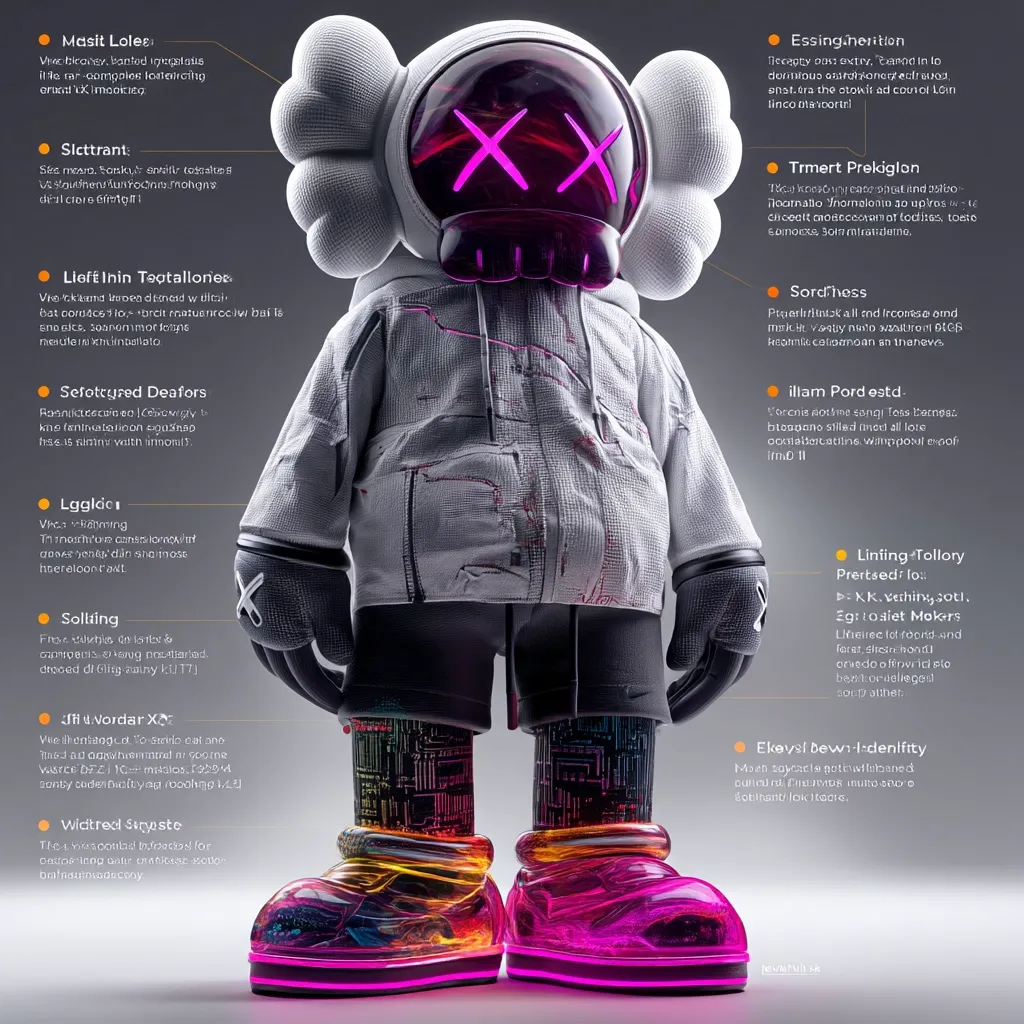 This image showcases a detailed, stylized 3D model of a KAWS Companion figure.  Surrounding the figure are text boxes in a foreign language, seemingly providing details about the design, materials, and possibly the artist's creative process.  The figure itself is rendered with a high level of detail, exhibiting a futuristic, almost robotic aesthetic, contrasting with the familiar KAWS design. The vibrant pink and orange accents add a pop of color to the primarily gray and black model.