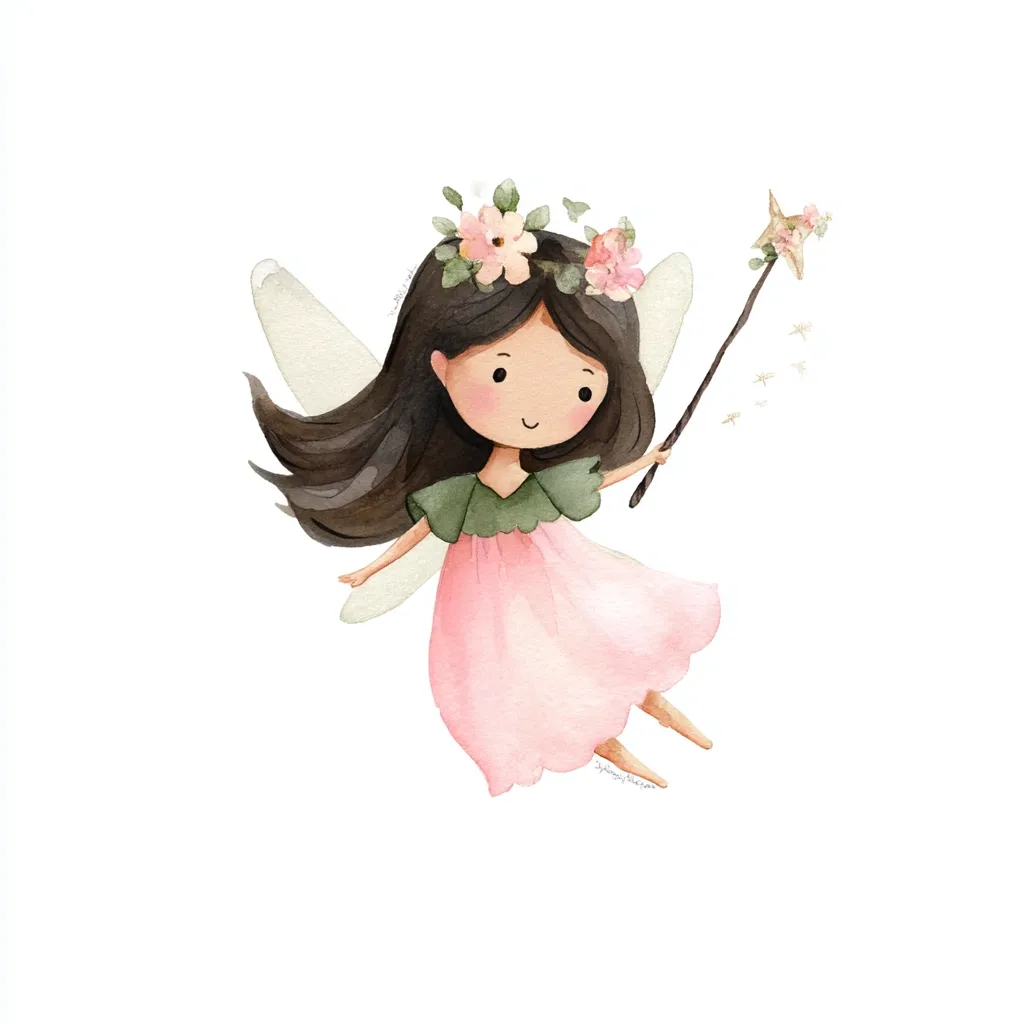 A watercolor illustration of a cute fairy.  She has long dark hair adorned with a floral crown, wears a pink dress over a green bodice, and possesses delicate, translucent wings.  She holds a star-topped wand, from which sparkles emanate. The fairy's expression is sweet and joyful, evoking a whimsical and charming feeling.  The overall style is soft and gentle.