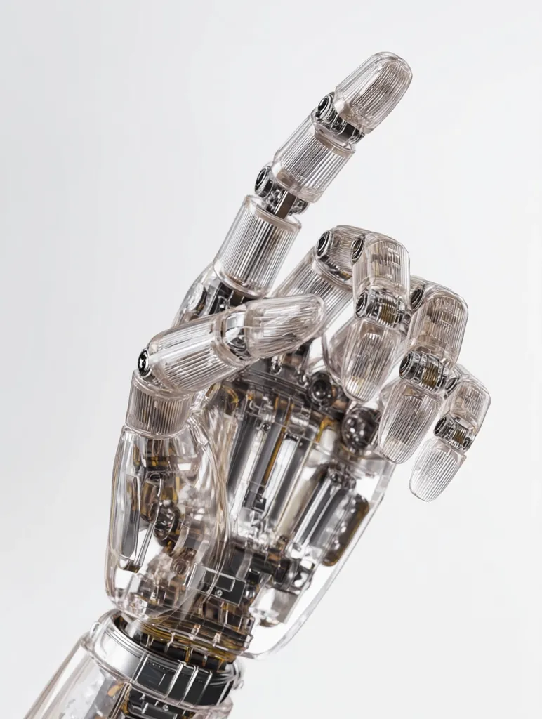 A close-up image showcases a robotic hand, transparent and intricately detailed, with visible internal mechanisms.  The hand is posed as if pointing or gesturing, highlighting its advanced engineering. The metallic components contrast with the clear, almost glassy material of the robotic hand against a plain white background. The image emphasizes the precision and complexity of the robotic design.