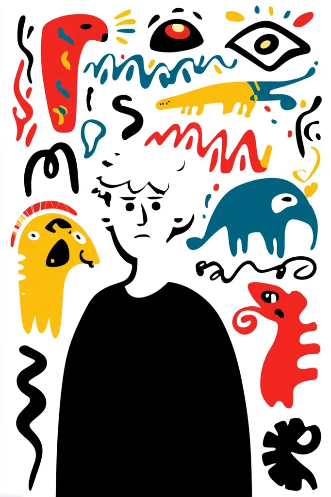 A stylized illustration features a person with short, curly hair, wearing a black shirt, appearing melancholic.  Surrounding them are various abstract shapes and creatures in bold colors—red, yellow, blue, and black—creating a busy, slightly chaotic visual environment. The overall style is reminiscent of childlike drawings or doodles, possibly representing internal thoughts or emotions.