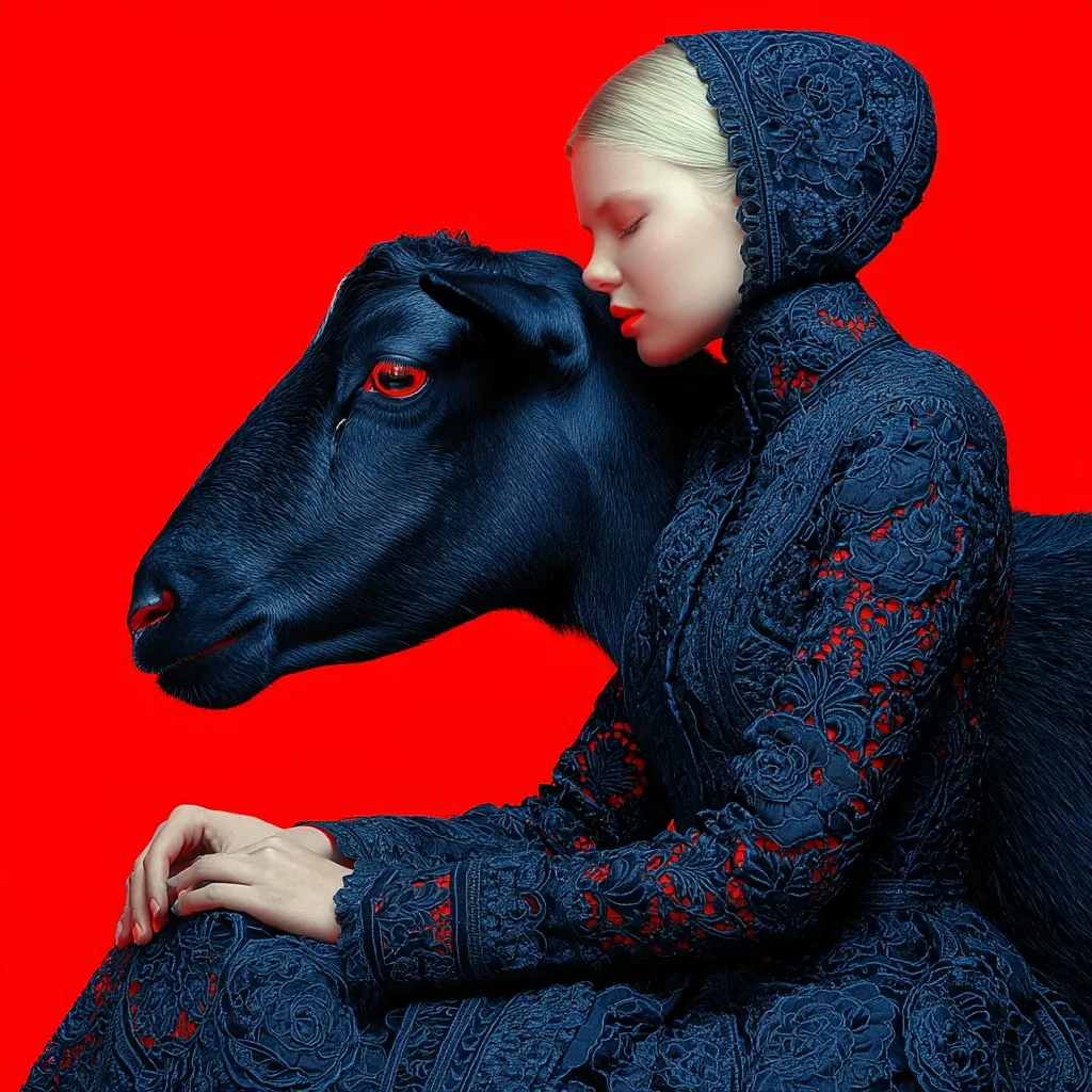 A blonde woman in a dark blue, lacy dress and bonnet sits with a black goat resting against her shoulder.  The vibrant red background contrasts sharply with the dark clothing and animal. The woman's eyes are closed, suggesting intimacy or contemplation. The image is surreal and evocative, blending fashion and animal imagery. The goat's red eyes add a striking detail to the composition.