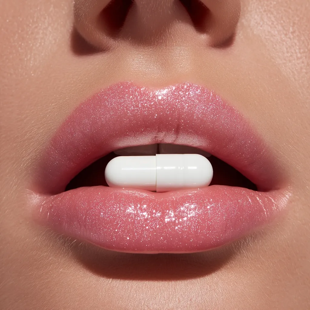 Close-up of a woman's lips, glistening with pink lip gloss, gently holding a single white capsule between her teeth. The focus is sharp on the pill and lips, highlighting the contrast between the smooth pill and the sparkly texture of the makeup.  The overall image is clean, bright, and aesthetically pleasing.