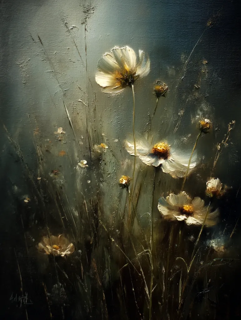 An oil painting depicts a cluster of delicate, off-white cosmos flowers in a dimly lit field.  The flowers stand tall amidst long, slender stems and grasses, their petals rendered with visible brushstrokes.  The background is a muted, dark teal, creating a moody atmosphere. The overall style is impressionistic, focusing on texture and light rather than sharp detail.  The painting evokes a sense of quiet beauty and natural serenity.