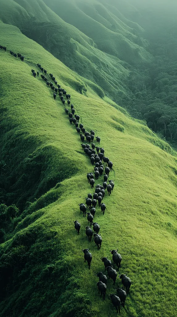 A long line of water buffalo slowly makes its way down a lush green hillside.  The animals are dark against the vibrant green grass, creating a striking visual contrast.  The rolling hills extend into a misty distance, showcasing a serene and picturesque landscape.  The scene evokes a sense of tranquility and the natural rhythm of life.