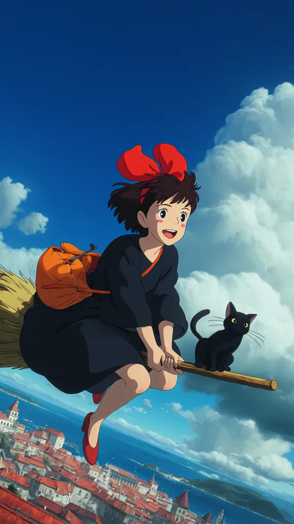 Kiki, a young witch with a red bow, joyfully flies on her broomstick.  A black cat sits beside her.  Below, a picturesque coastal town with red-roofed buildings stretches towards a calm blue sea under a bright, partly cloudy sky.  The scene evokes a sense of freedom and adventure, characteristic of animation.