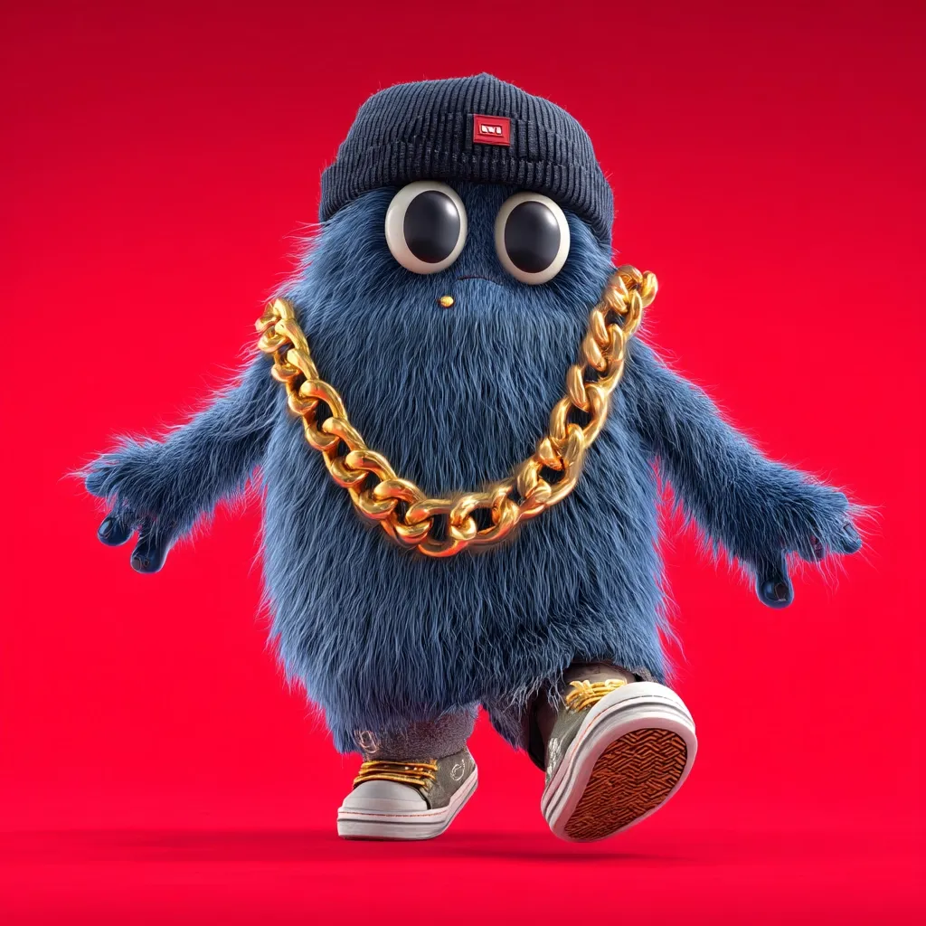 A fluffy blue monster, sporting a black beanie and gold chain, struts confidently against a vibrant red backdrop.  Its large, expressive eyes and casual sneakers complete the stylish, hip-hop inspired look. The 3D rendered image showcases a playful and fashionable character with a unique blend of cute and cool.
