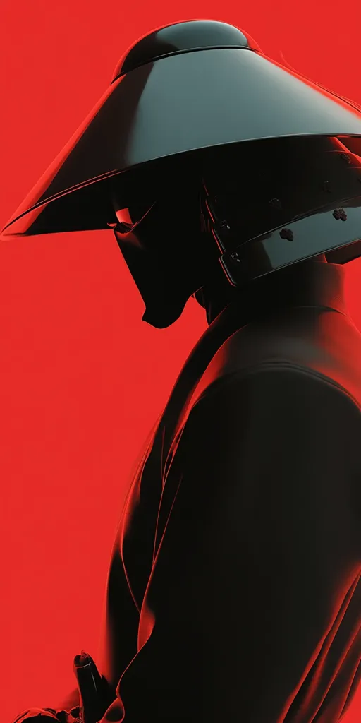 A stylized figure, clad in dark, flowing robes and a wide-brimmed helmet, is captured in profile against a vibrant red backdrop. The figure's face is obscured by the helmet's shadow, adding to an air of mystery. The stark contrast between the black attire and the red background creates a dramatic visual effect. The image evokes a sense of power and secrecy.