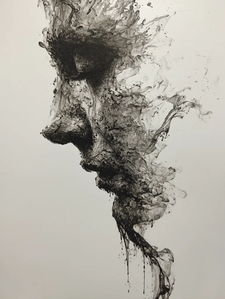 The artwork is an abstract monochrome portrait rendered in shades of black and grey.  It depicts a face dissolving or transforming into a fluid, splash-like form.  The style suggests movement and disintegration, with dark ink creating a sense of depth and texture. The overall impression is one of ephemeral beauty and melancholic introspection.