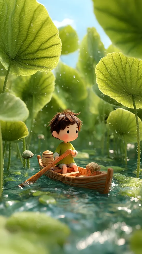 A charming 3D-rendered image depicts a small, cute child with brown hair in a wooden boat, gently rowing through a serene pond.  Large, vibrant green lily pads surround the boat, creating a lush and tranquil atmosphere.  Sunlight filters through the leaves, adding to the peaceful scene.  The overall aesthetic is whimsical and evokes a sense of calm.