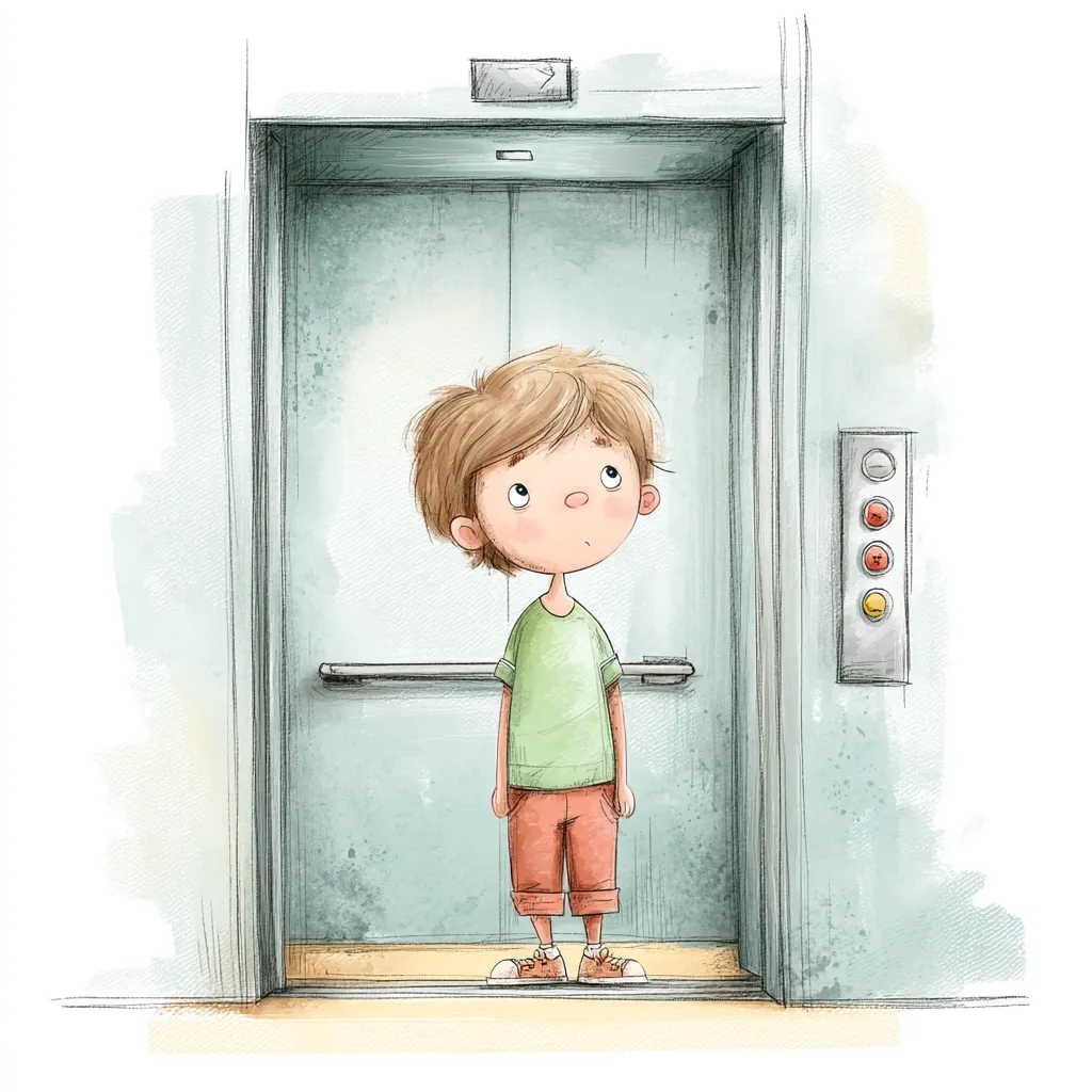 A charming illustration depicts a young boy with light brown hair, wearing a light green shirt and coral shorts, standing patiently before an elevator.  He looks upward, perhaps waiting or observing. The elevator doors are closed, and a control panel is visible on the wall. The style is whimsical and slightly textured, suggesting a watercolor or digital painting technique.  The overall mood is quiet and expectant.
