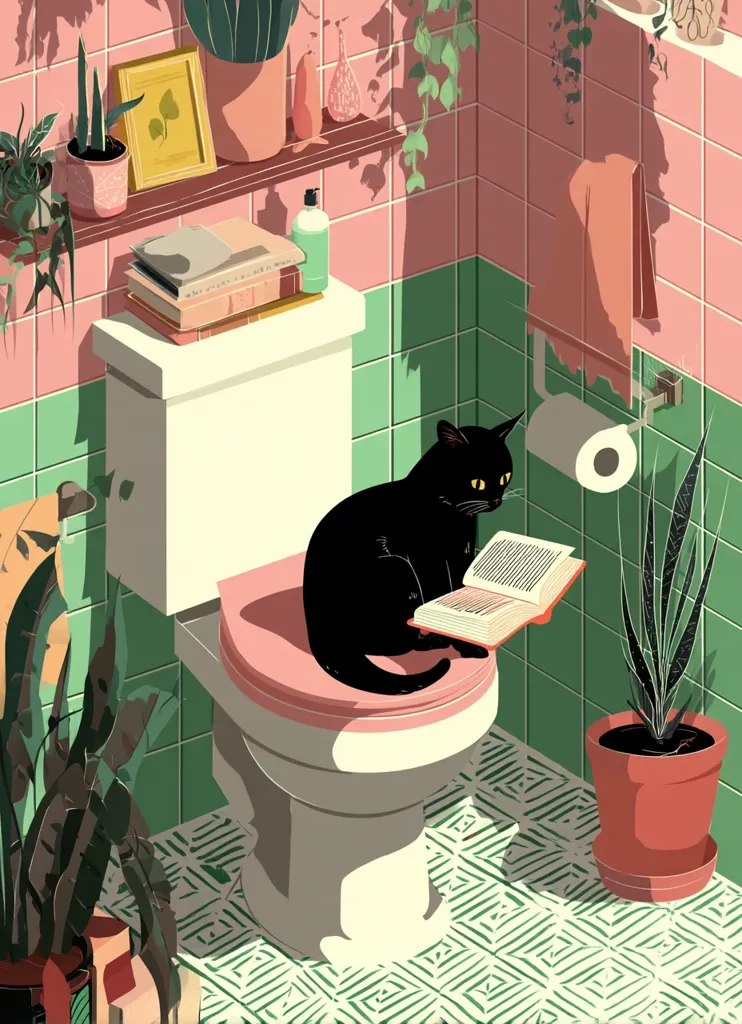 A black cat sits on a pink toilet seat in a pastel green and pink bathroom, engrossed in reading a book.  The bathroom is filled with various plants in pots, adding to the serene atmosphere.  A stack of books sits on the toilet tank, and a towel hangs on the wall. Sunlight streams into the room, casting shadows on the tiles. The overall aesthetic is calm and whimsical.