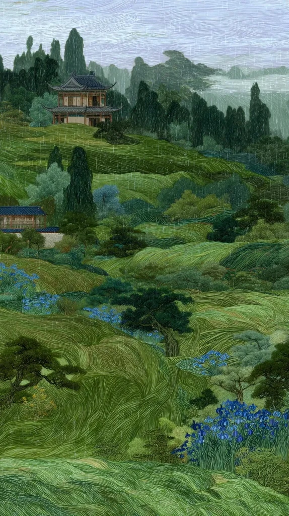 A tranquil landscape painting depicts rolling green hills under a light rain.  Traditional-style Asian buildings, nestled amongst lush greenery and dark trees, are scattered across the scene.  Blue irises bloom in the foreground, adding a vibrant contrast to the verdant hills. The overall atmosphere is one of serene beauty and quiet contemplation.
