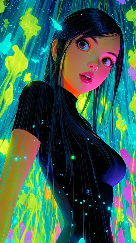 A stylized anime-style woman with long black hair is depicted in a vibrant, neon-colored setting.  She wears a dark, form-fitting dress.  Bright green and yellow floral shapes surround her, creating a luminous, almost ethereal atmosphere. The overall effect is one of fantasy and digital art. Her expression is pensive and her eyes are large and expressive.