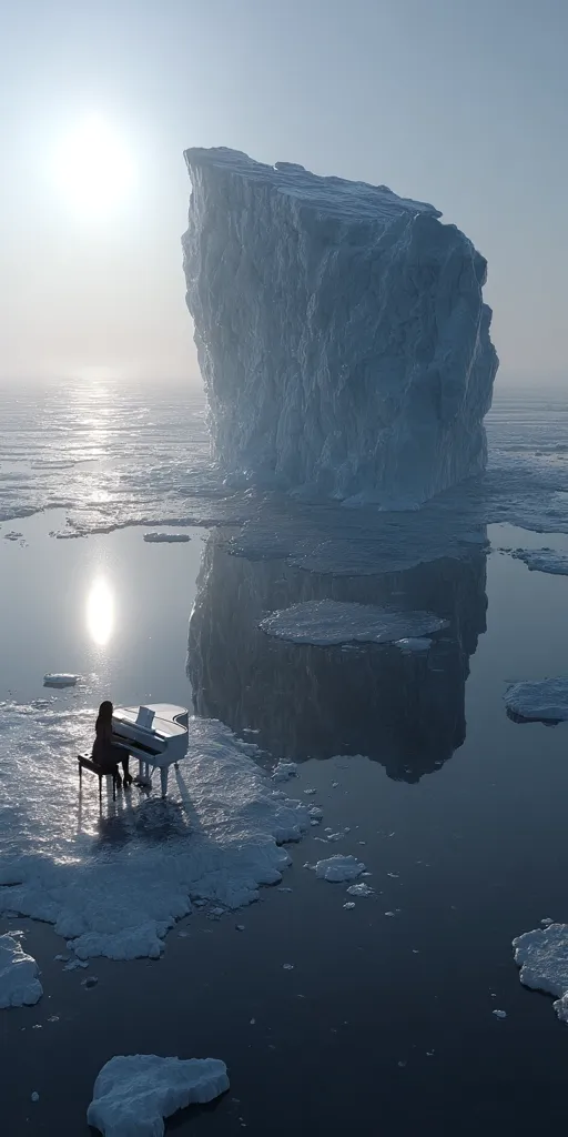 A lone figure sits at a white grand piano positioned on a small, ice-covered landmass in a frigid, arctic sea.  A massive iceberg dominates the background, its reflection mirroring in the calm water. The scene is bathed in the soft light of a low sun, casting a serene yet stark atmosphere. The overall impression is one of isolation and breathtaking natural beauty.
