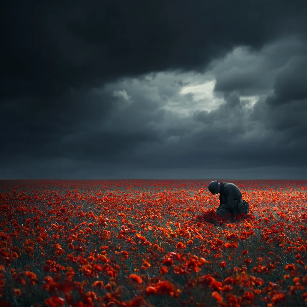A lone soldier, head bowed, kneels in a vast field of vibrant red poppies under a brooding, dark sky.  The scene evokes a somber mood, perhaps representing remembrance or the aftermath of war. The contrast between the bright flowers and the stormy sky amplifies the feeling of solemnity and loss. The image is powerfully evocative.